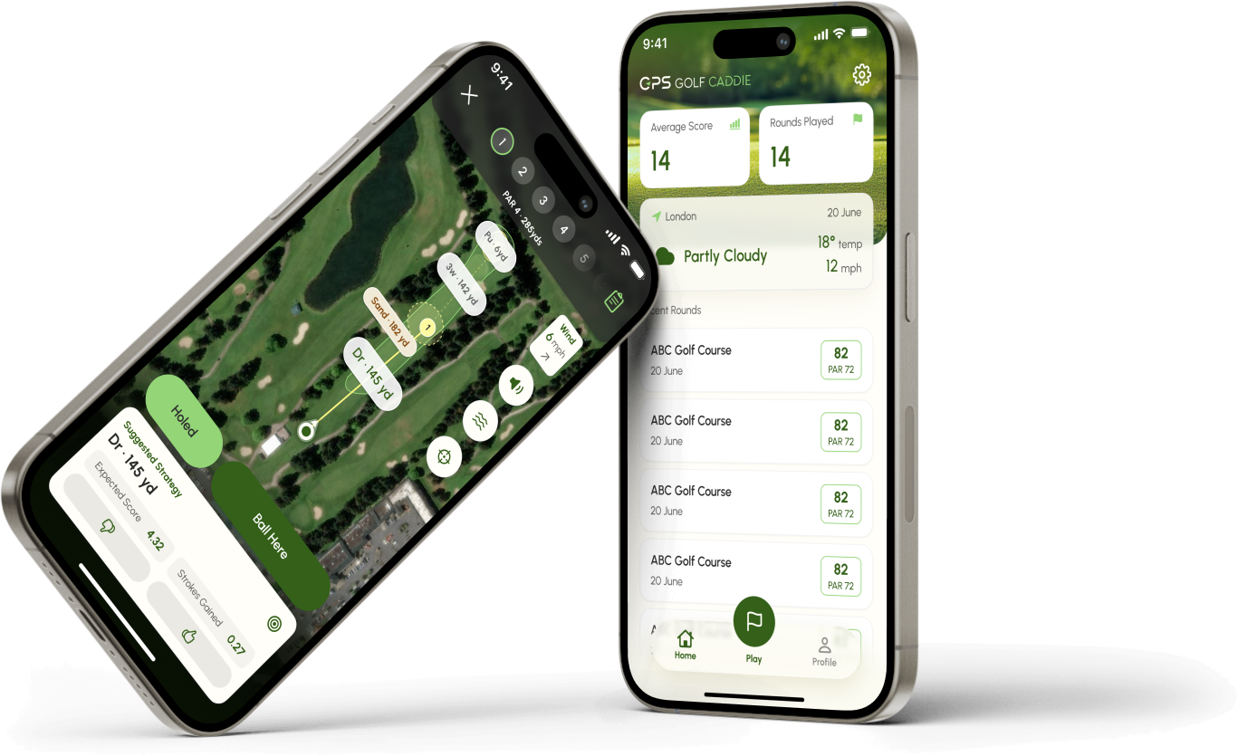 GPS Golf Caddie app showing the suggested shot strategy on a hole map and the round summary screen